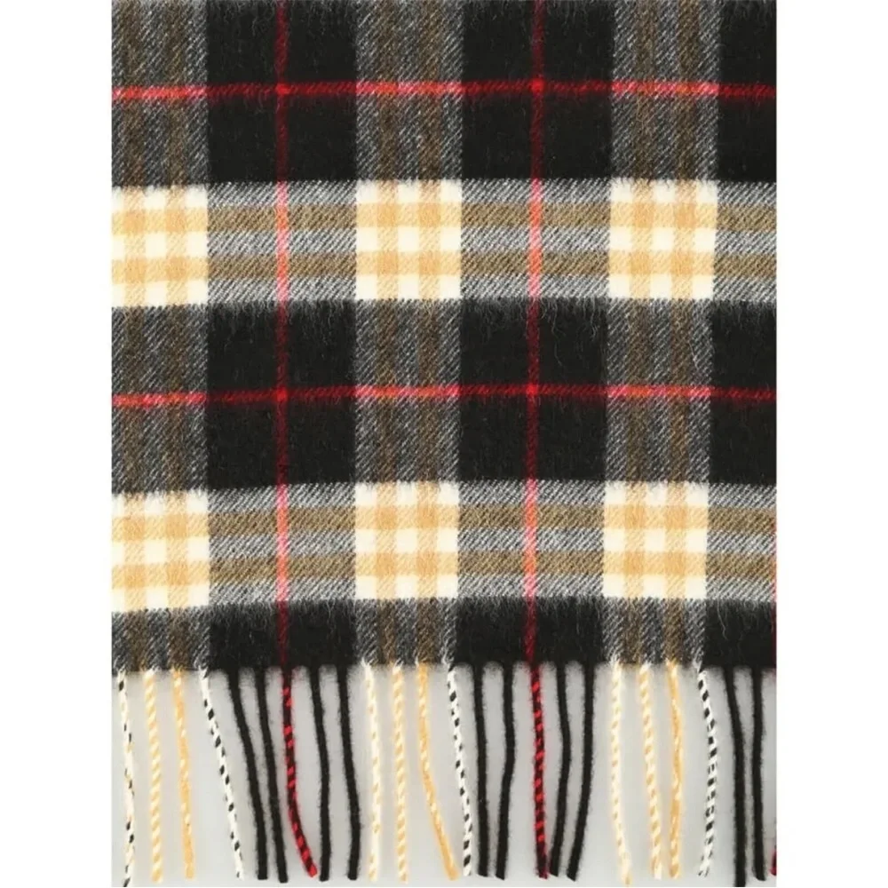 Burberry Cashmere Vintage Check Black Striped Logo Fringed Scarf